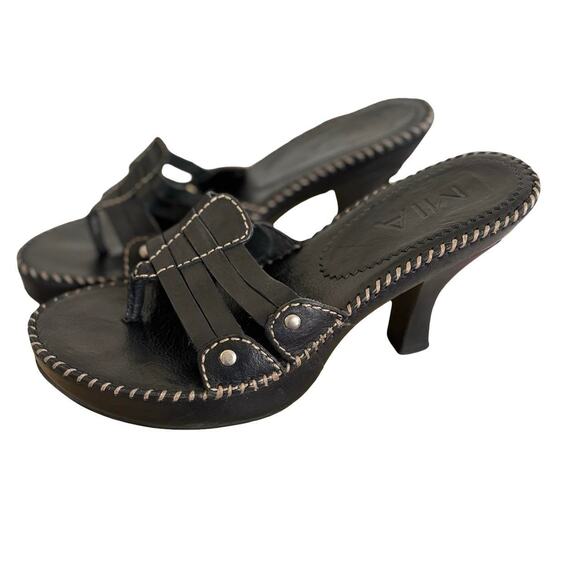 90'S Y2K VTG. MIA BLACK LEATHER THICK STITCHED PLATFORM HEELS SANDALS SZ. 7 EUC - Picture 2 of 8